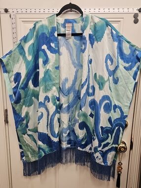 Chicos Teal & Blue Watercolor Fringe Kimono, Cover-Up, Silk, Summer, Wedding,